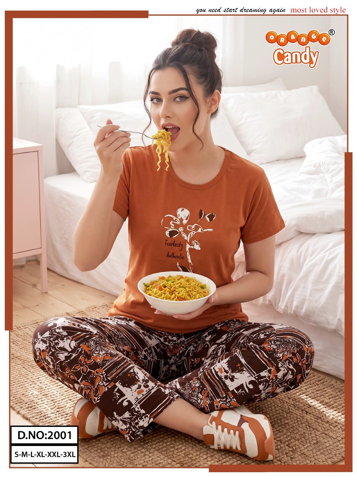 New Colour Design 2001 Orange Candy Pyjama Night Suits Wholesale