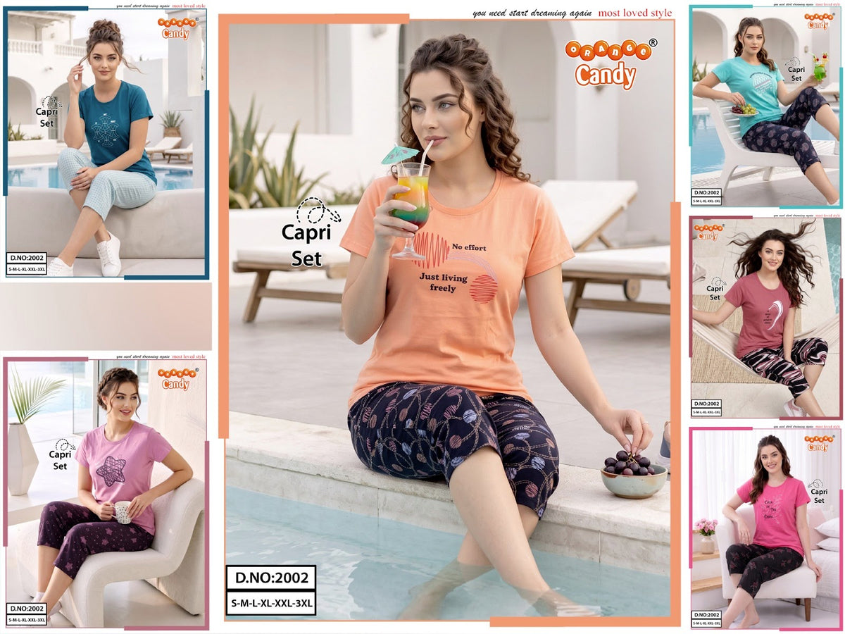 New Colour Design 2002 Orange Candy Capri Night Suits Supplier Ahmedabad