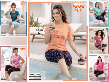 New Colour Design 2002 Orange Candy Capri Night Suits Supplier Ahmedabad