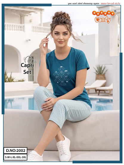 New Colour Design 2002 Orange Candy Capri Night Suits Supplier Ahmedabad