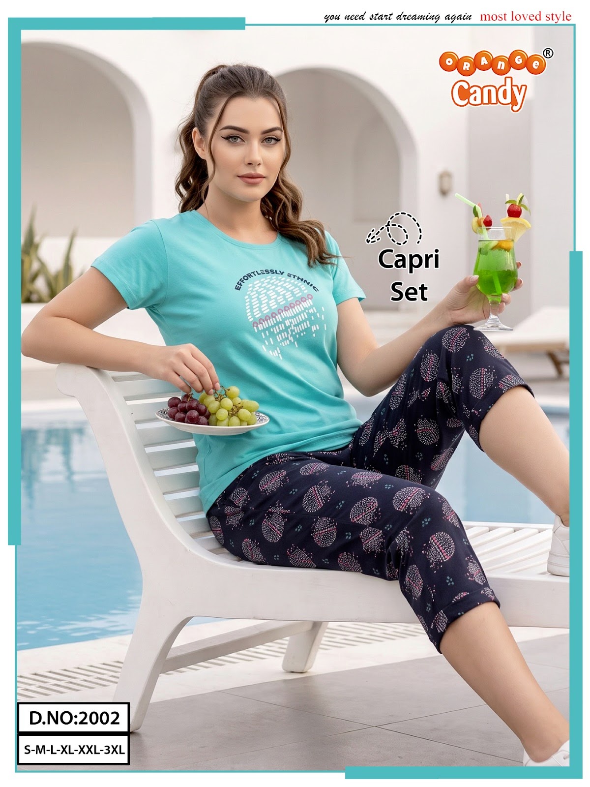 New Colour Design 2002 Orange Candy Capri Night Suits Supplier Ahmedabad