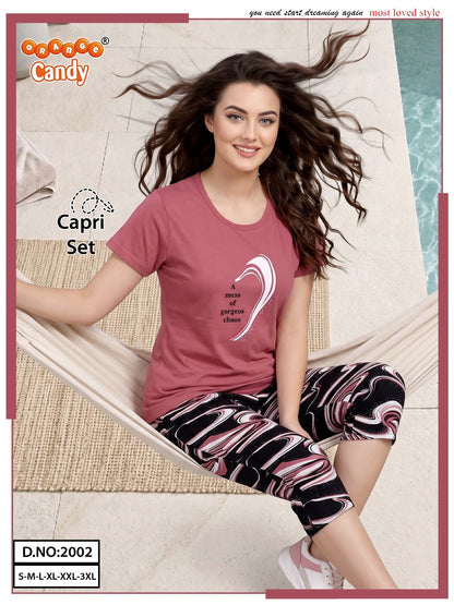 New Colour Design 2002 Orange Candy Capri Night Suits Supplier Ahmedabad