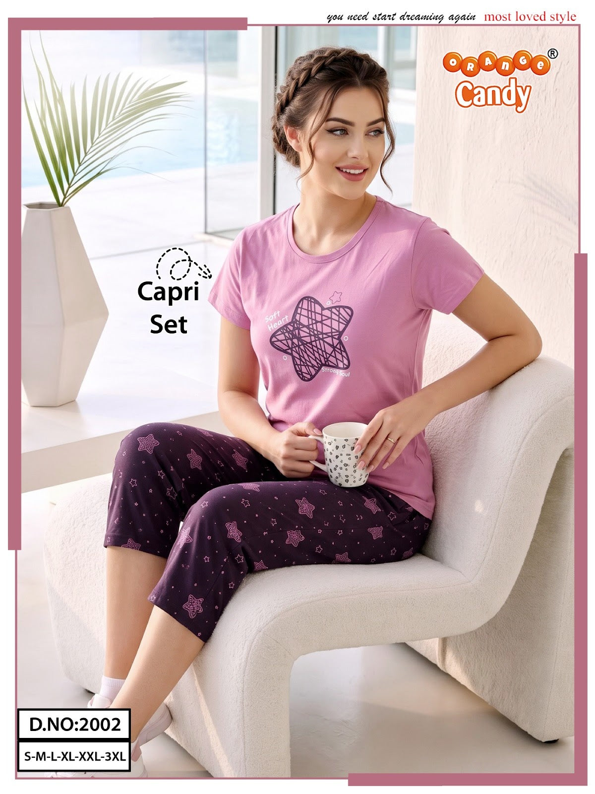 New Colour Design 2002 Orange Candy Capri Night Suits Supplier Ahmedabad