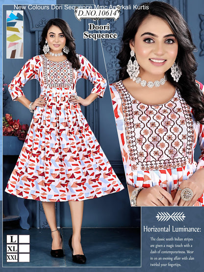 New Colours Dori Sequence Mmc Rayon Anarkali Kurtis Wholesaler Ahmedabad