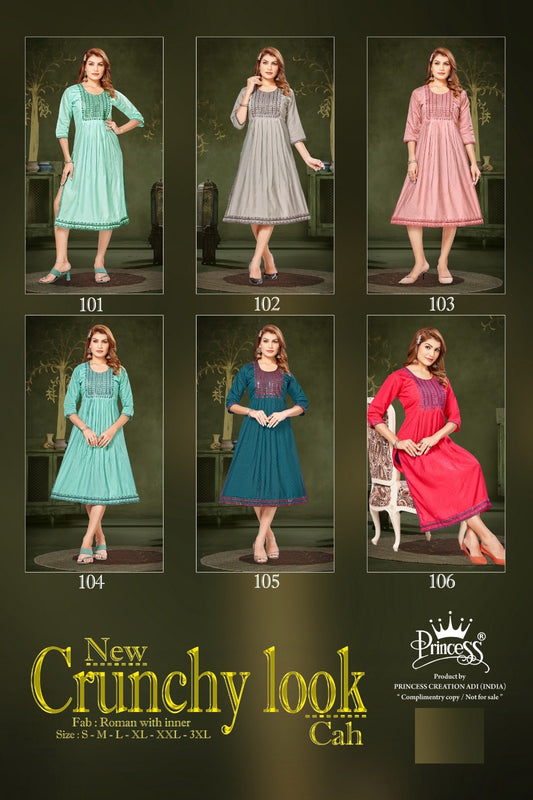 New Crunchy Look Princess Creation Roman Silk Naira Cut Kurtis Manufacturer Gujarat