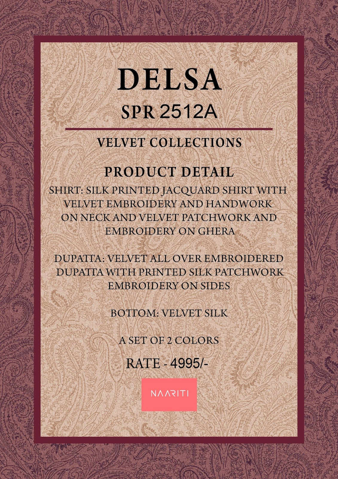 New Delsa Naariti Silk Velvet Suits Wholesale