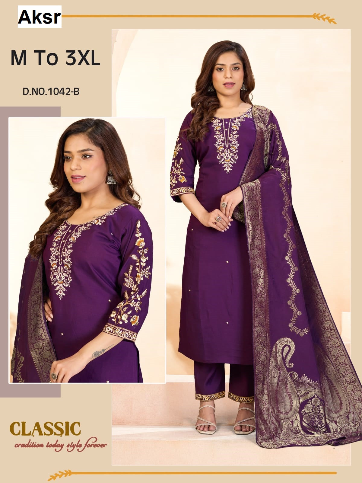 New Design 1042 Aksr Roman Silk Readymade Pant Style Suits Supplier