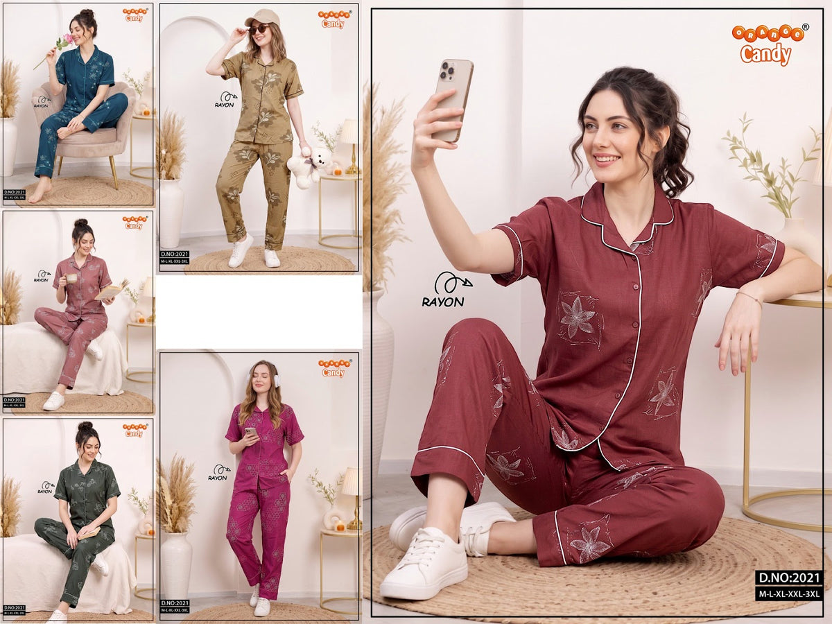 New Design 2021 Orange Candy Rayon Collar Night Suits Exporter Gujarat