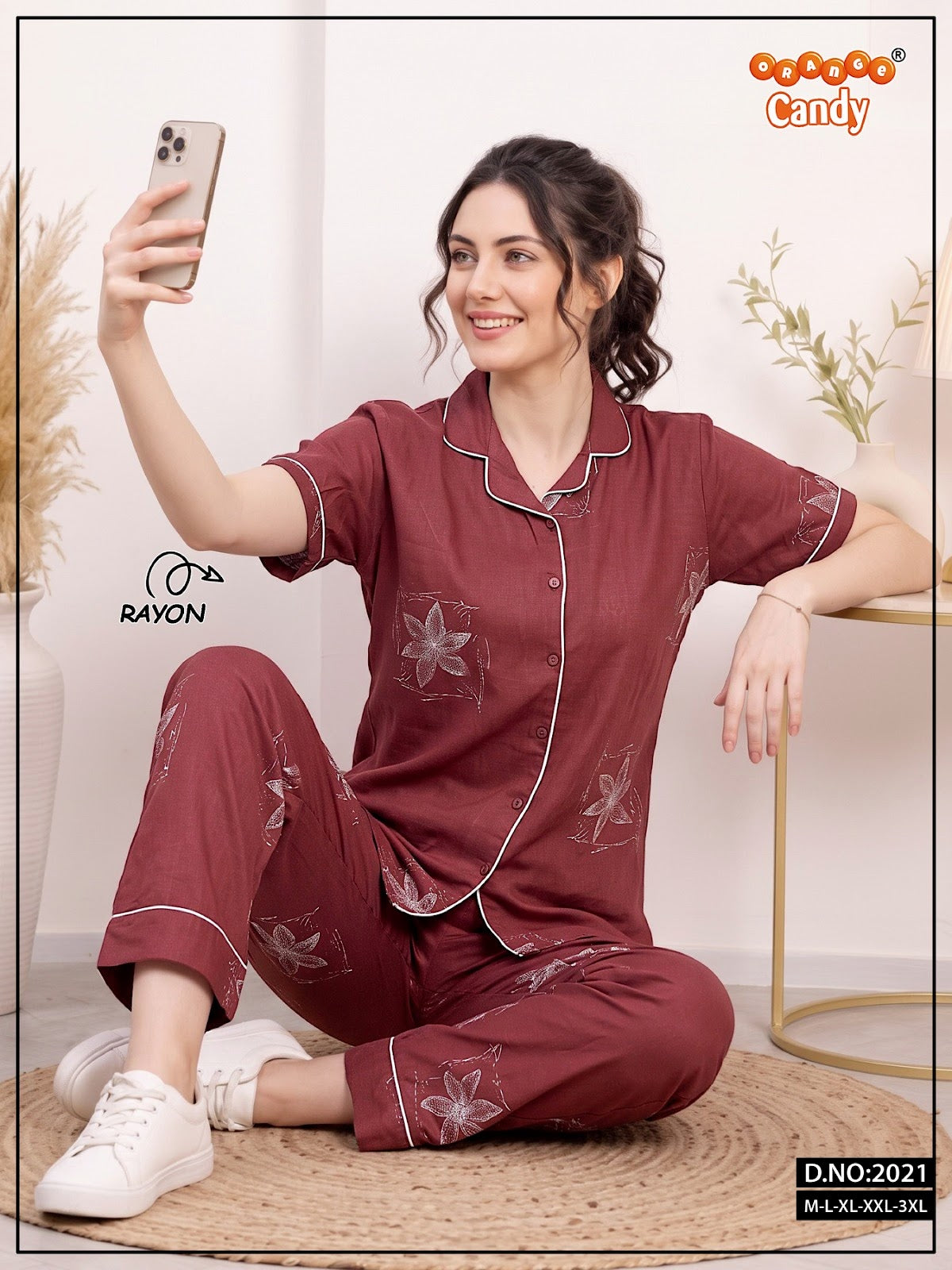 New Design 2021 Orange Candy Rayon Collar Night Suits Exporter Gujarat