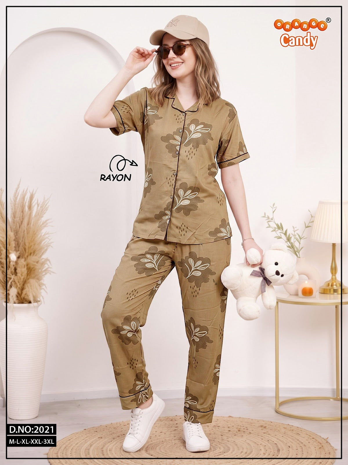 New Design 2021 Orange Candy Rayon Collar Night Suits Exporter Gujarat