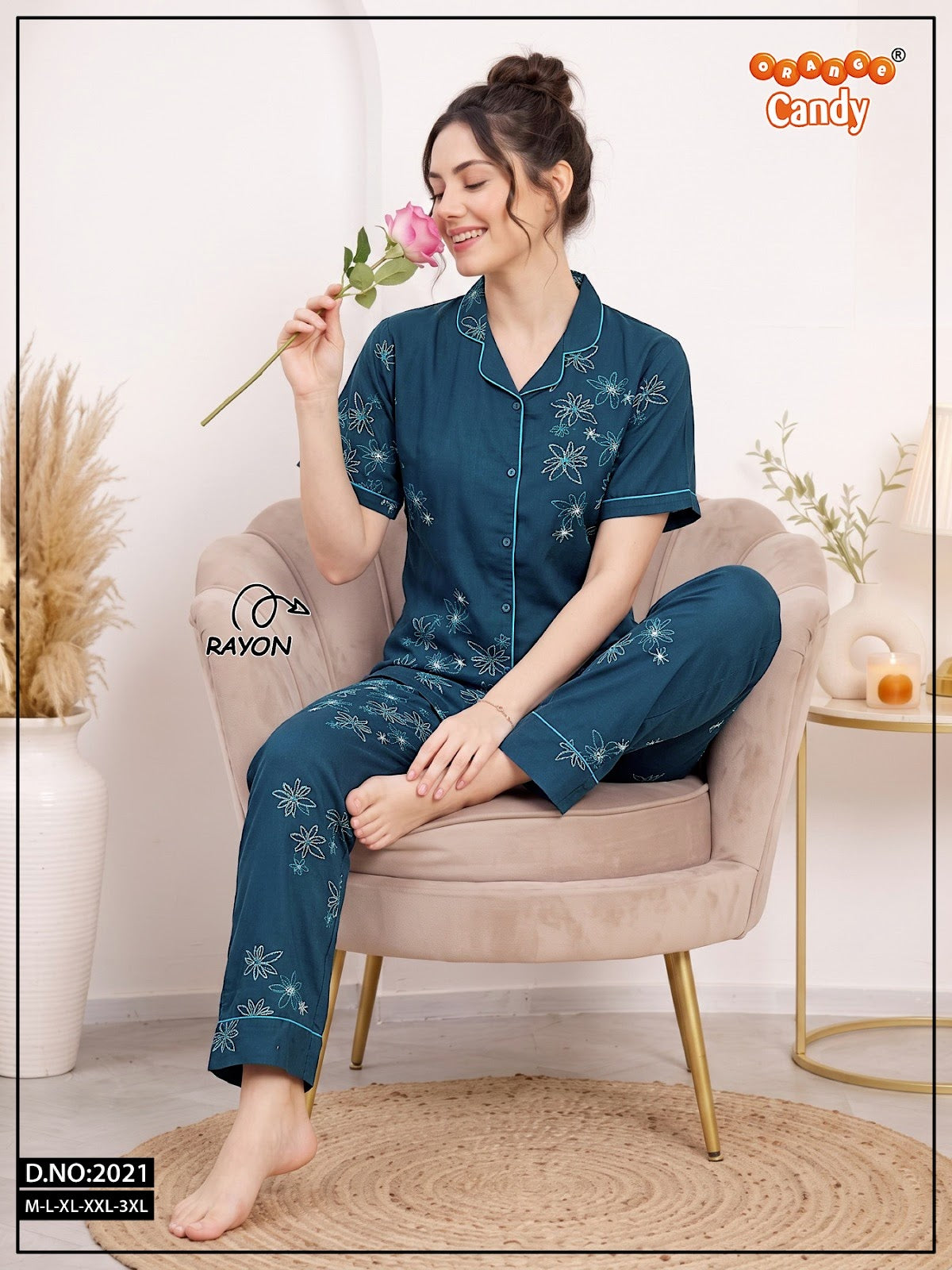 New Design 2021 Orange Candy Rayon Collar Night Suits Exporter Gujarat