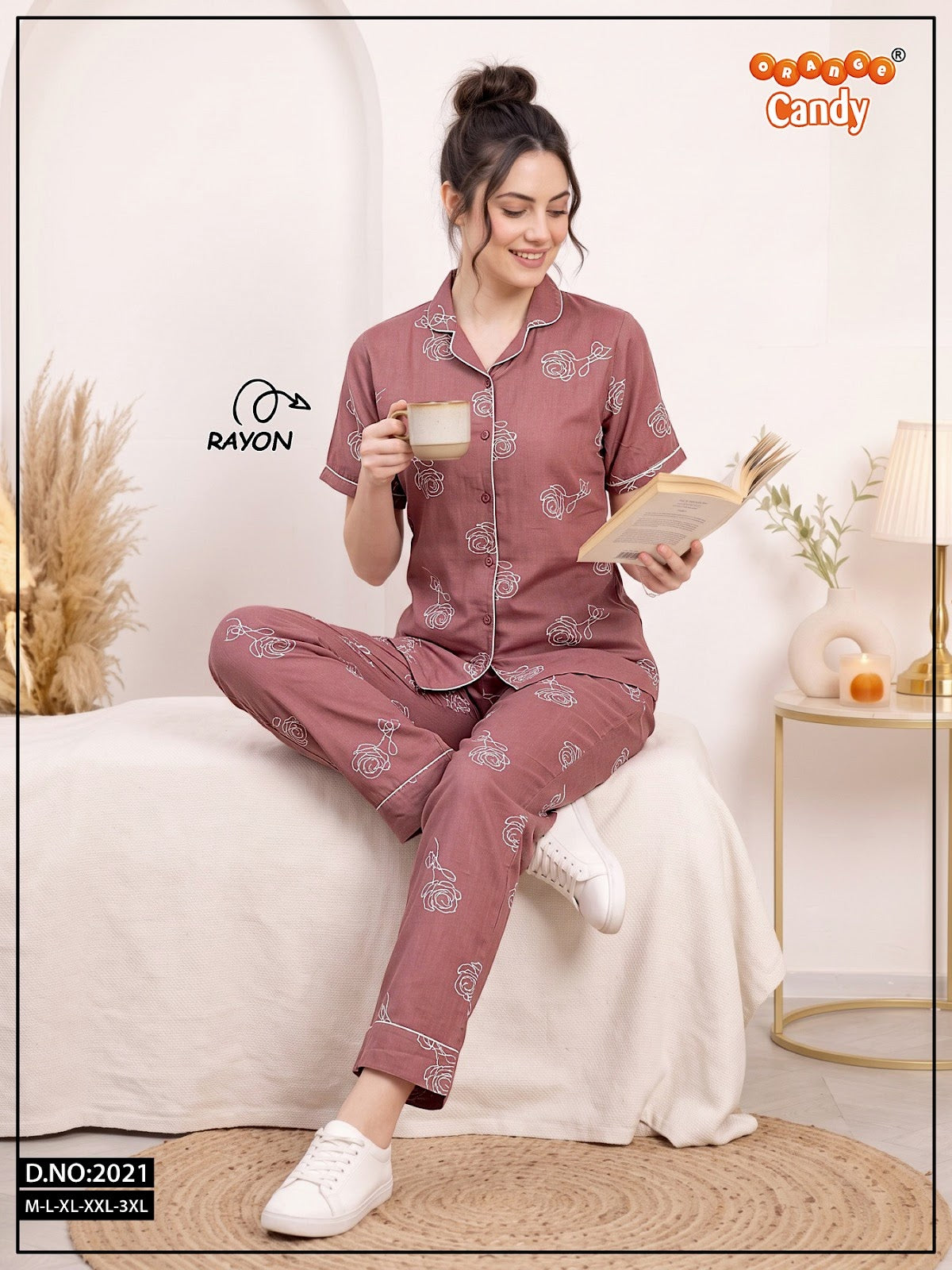 New Design 2021 Orange Candy Rayon Collar Night Suits Exporter Gujarat