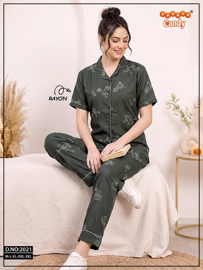 New Design 2021 Orange Candy Rayon Collar Night Suits Exporter Gujarat