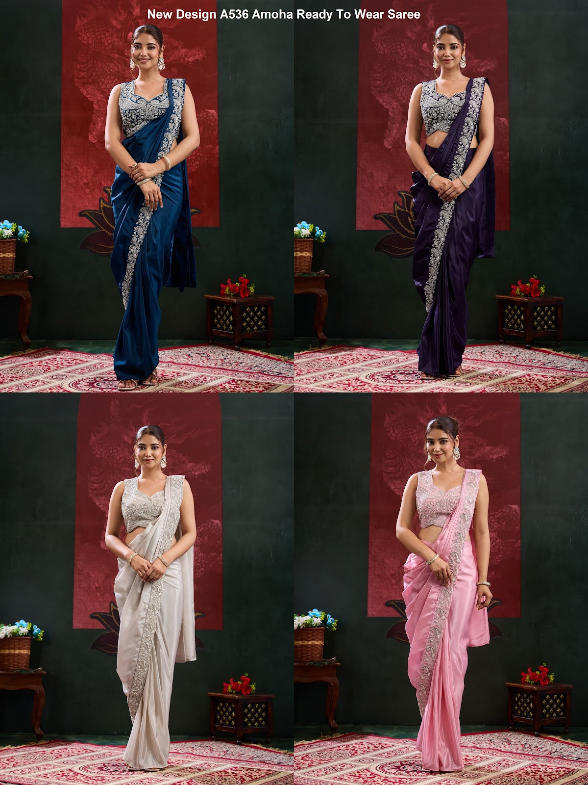 New Design A536 Amoha Chinnon Ready To Wear Saree Supplier