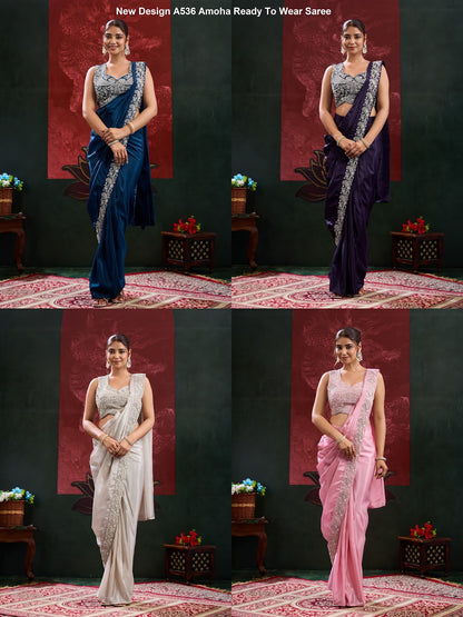 New Design A536 Amoha Chinnon Ready To Wear Saree Supplier
