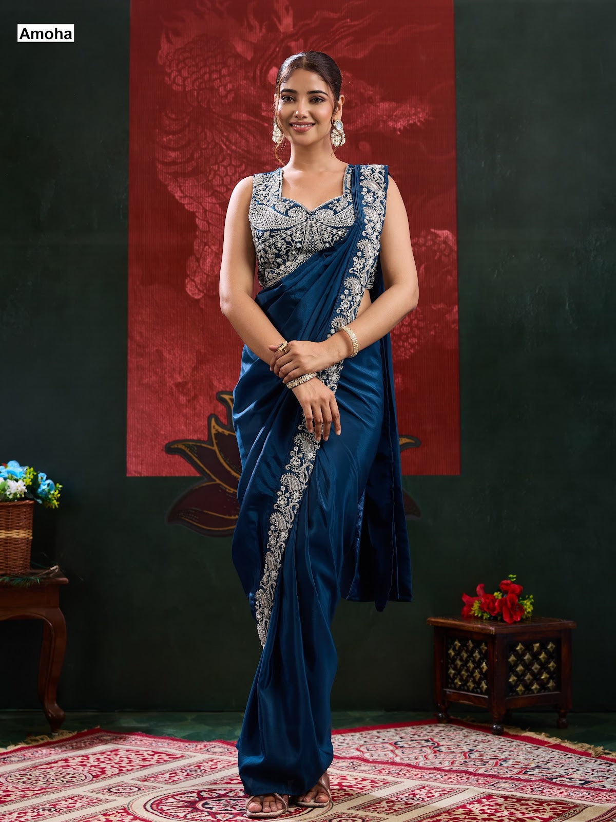 New Design A536 Amoha Chinnon Ready To Wear Saree Supplier