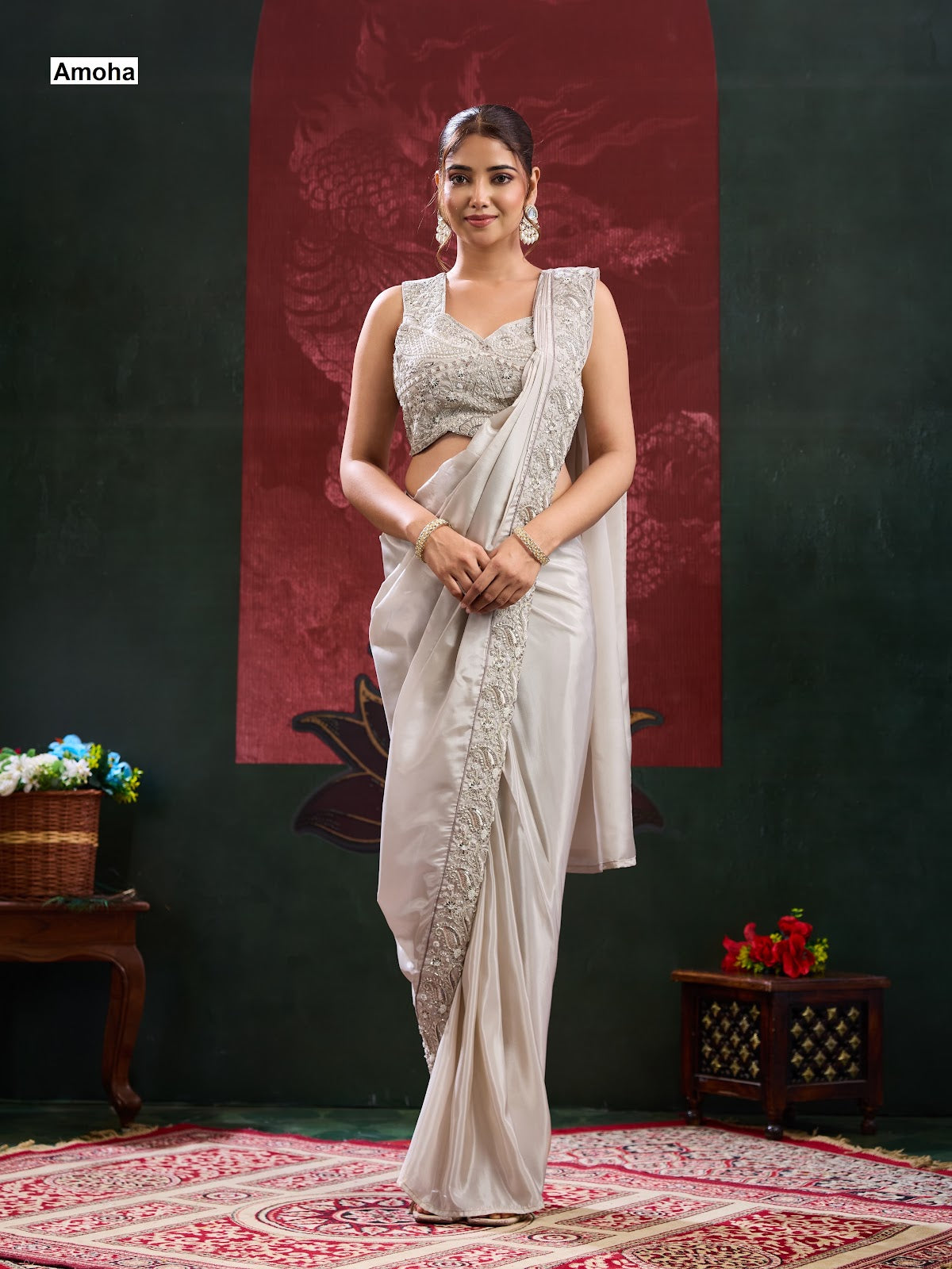 New Design A536 Amoha Chinnon Ready To Wear Saree Supplier