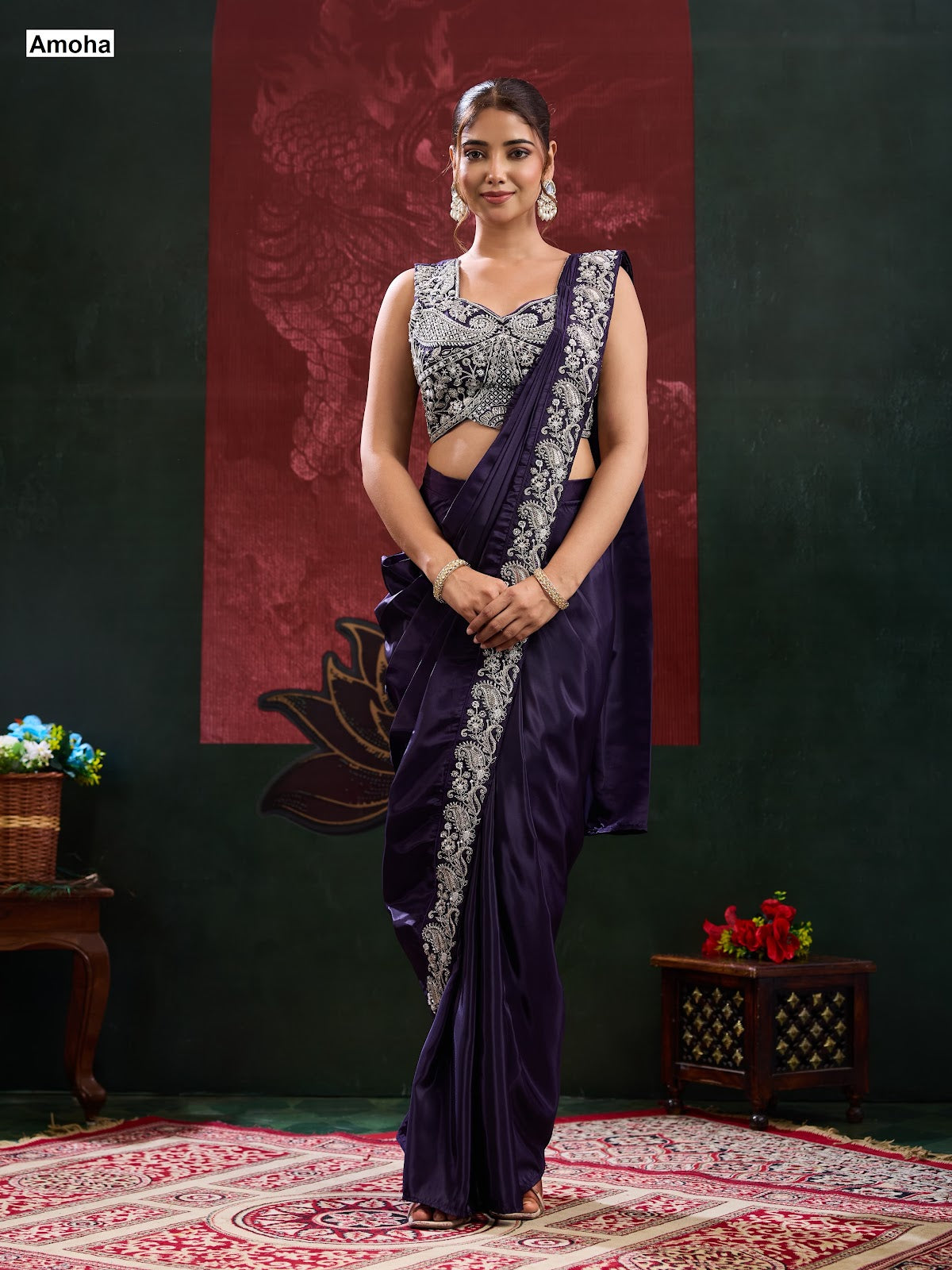 New Design A536 Amoha Chinnon Ready To Wear Saree Supplier