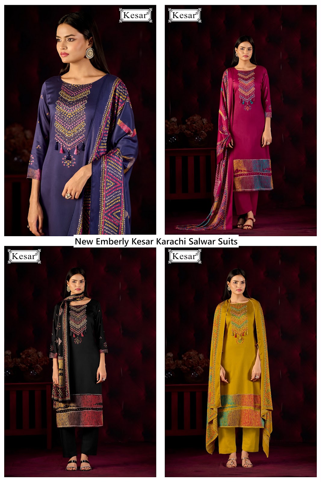 New Emberly Kesar Gaji Satin Karachi Salwar Suits Wholesaler