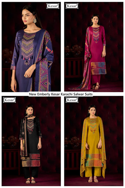 New Emberly Kesar Gaji Satin Karachi Salwar Suits Wholesaler