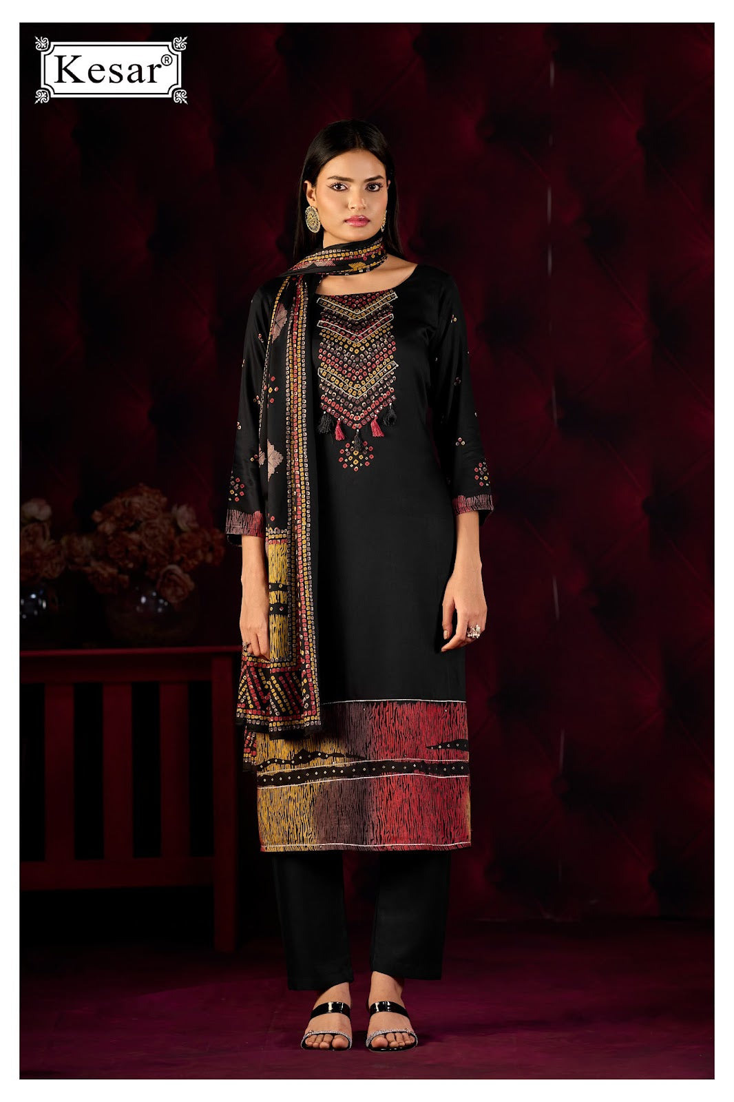 New Emberly Kesar Gaji Satin Karachi Salwar Suits Wholesaler