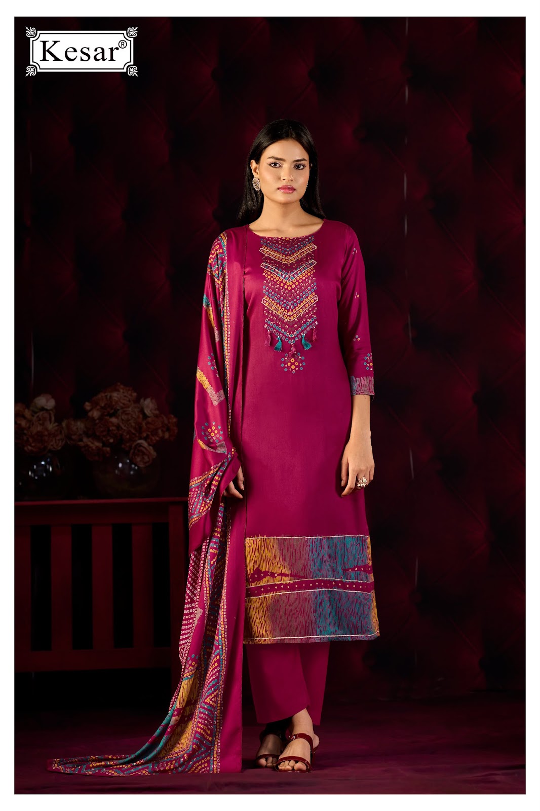 New Emberly Kesar Gaji Satin Karachi Salwar Suits Wholesaler