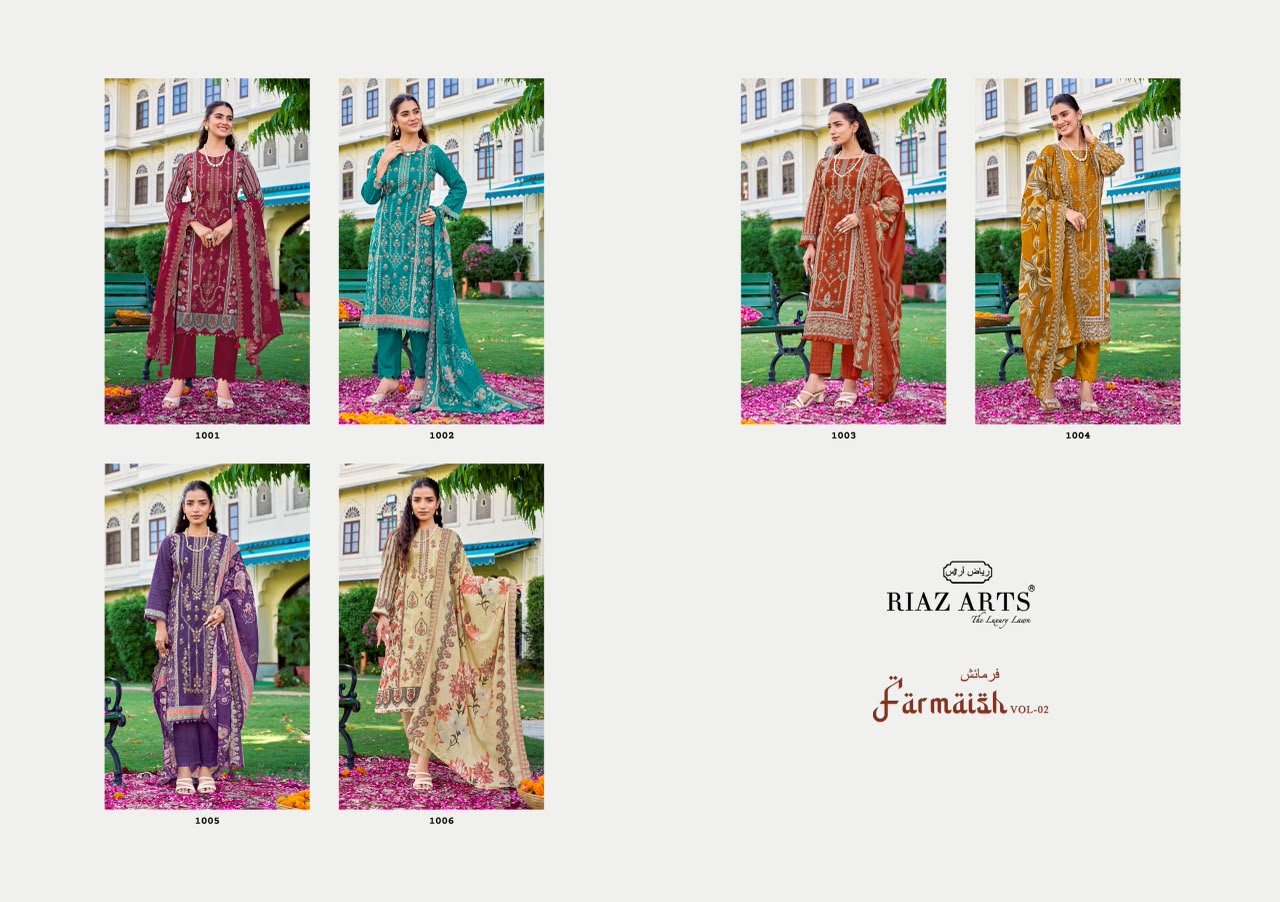 New Farmaish Vol 2 Riaz Art Lawn Cotton Karachi Salwar Suits Exporter Gujarat