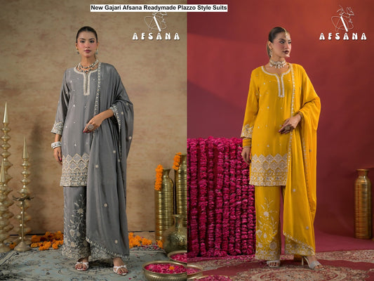 New Gajari Afsana Chinon Readymade Plazzo Style Suits Supplier Gujarat