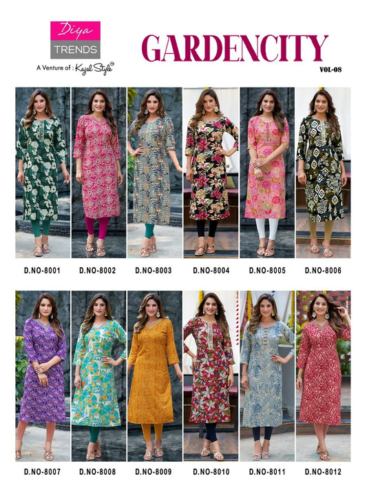 New Gardencity Vol 8 Diya Trends Rayon Long Straight Kurti Exporter Gujarat