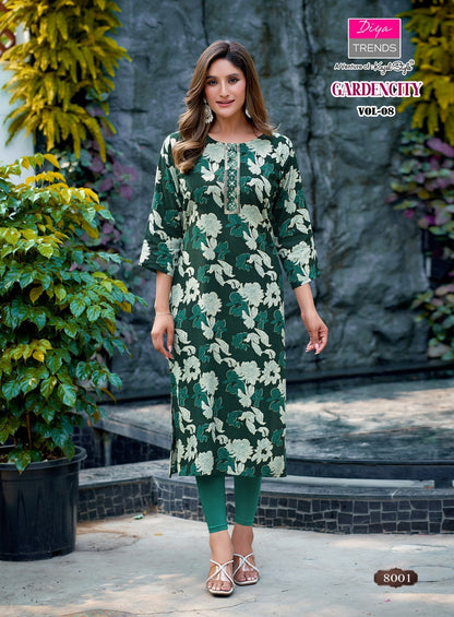 New Gardencity Vol 8 Diya Trends Rayon Long Straight Kurti Exporter Gujarat