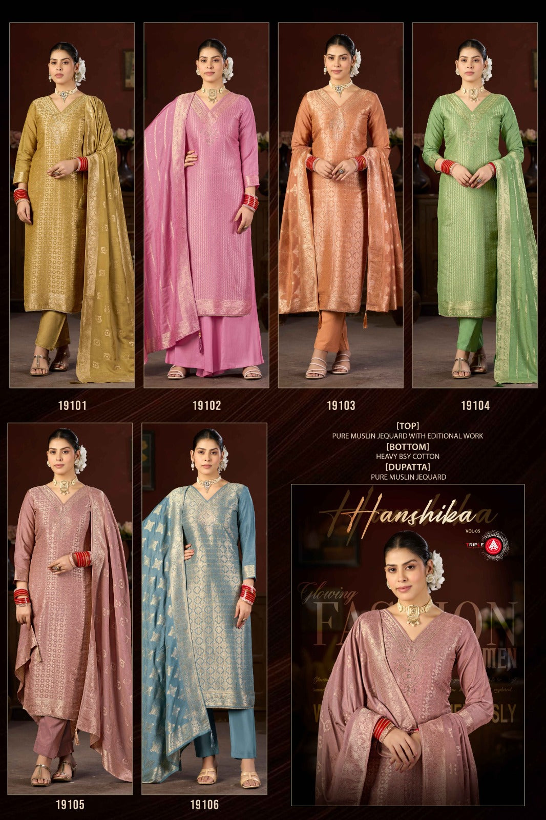 New Hanshika Vol 5 Triple Aaa Muslin Jacquard Pant Style Suits Supplier Ahmedabad