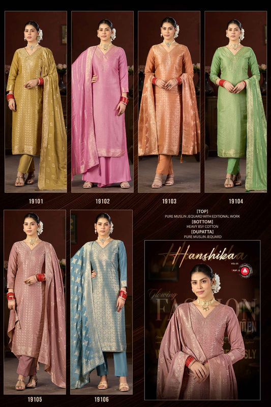 New Hanshika Vol 5 Triple Aaa Muslin Jacquard Pant Style Suits Supplier Ahmedabad