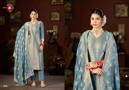 New Hanshika Vol 5 Triple Aaa Muslin Jacquard Pant Style Suits Supplier Ahmedabad