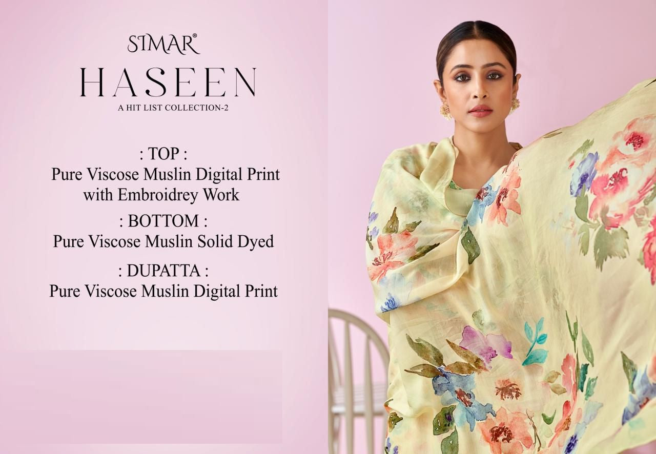 New Haseen Vol 2 Simar Viscose Muslin Pant Style Suits Supplier