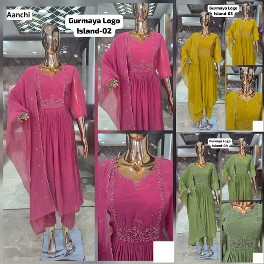 New Island Aanchi Mul Chanderi Readymade Anarkali Suits Exporter Gujarat