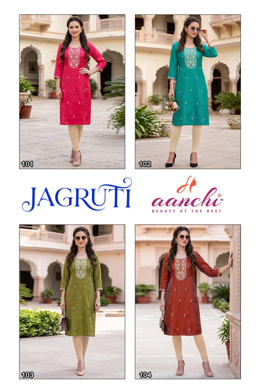 New Jagruti Aanchi Glass Silk Straight Cut Kurtis Exporter India