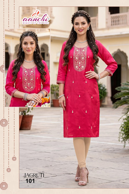 New Jagruti Aanchi Glass Silk Straight Cut Kurtis Exporter India