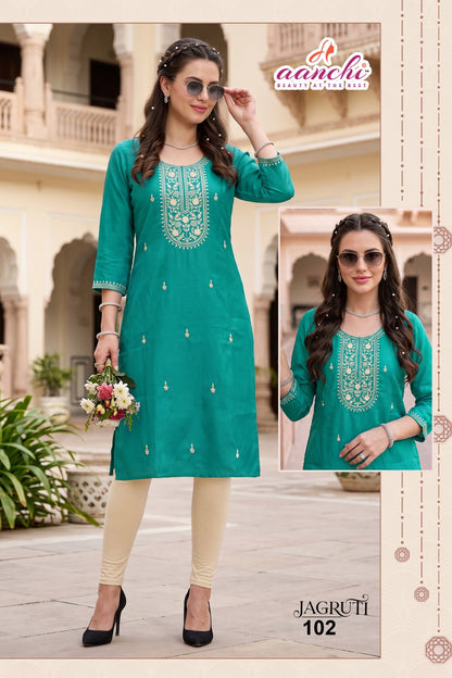 New Jagruti Aanchi Glass Silk Straight Cut Kurtis Exporter India