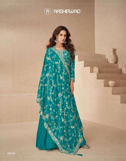 New Kesariya Aashirwad Creation Chinnon Gown Dupatta Set Wholesaler Gujarat