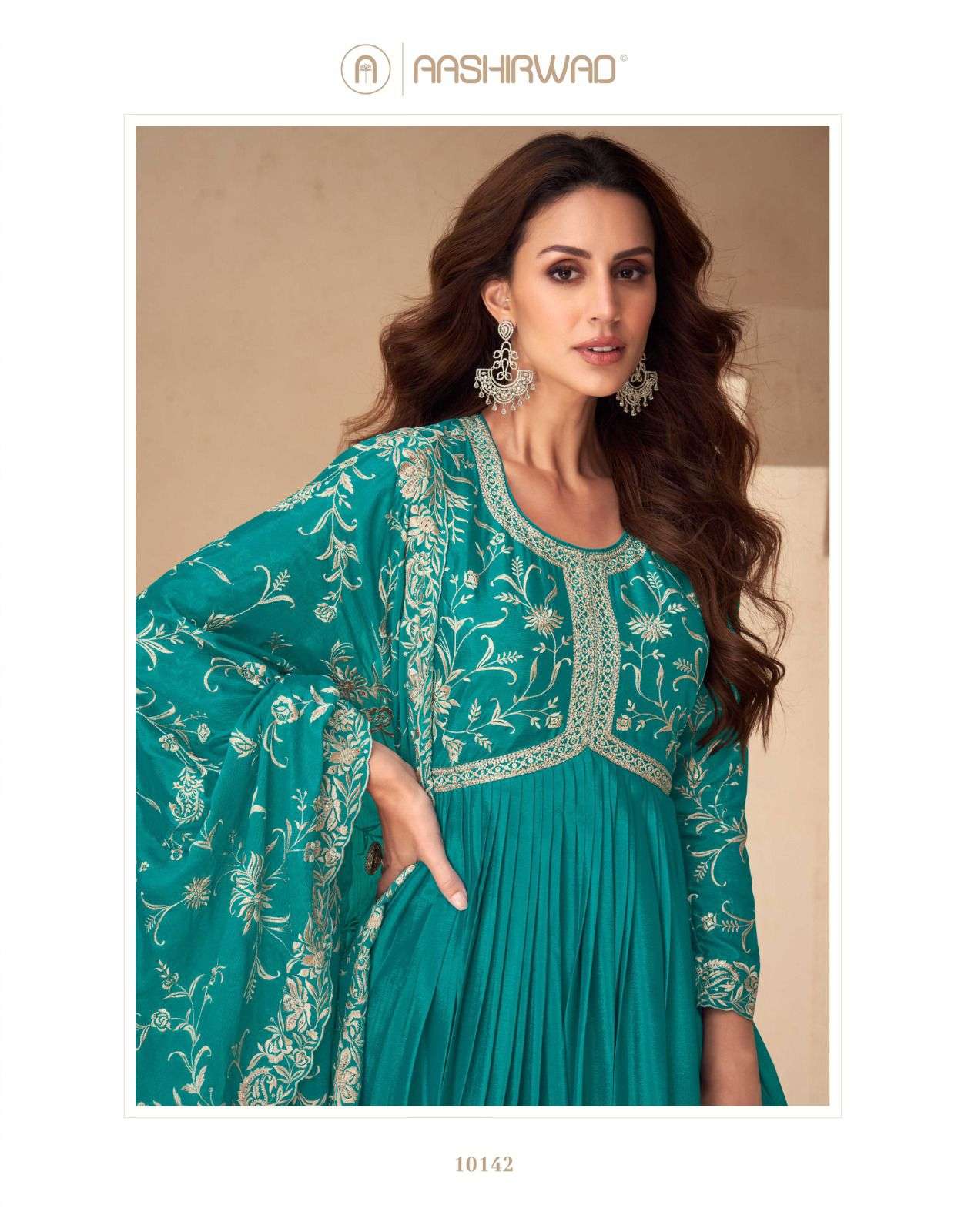 New Kesariya Aashirwad Creation Chinnon Gown Dupatta Set Wholesaler Gujarat