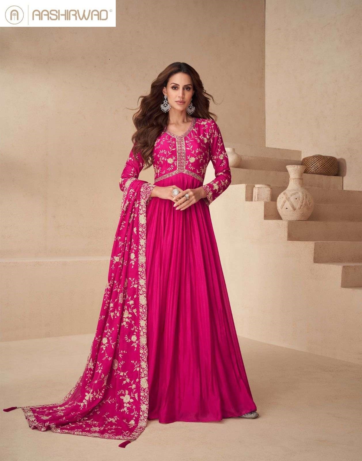 New Kesariya Aashirwad Creation Chinnon Gown Dupatta Set Wholesaler Gujarat