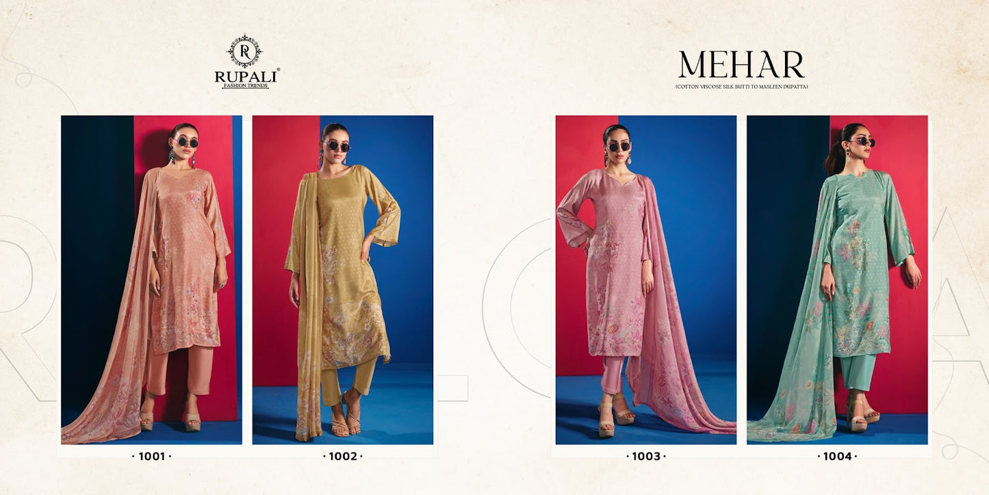 New Mehar Rupali Cotton Silk Pant Style Suits Wholesaler