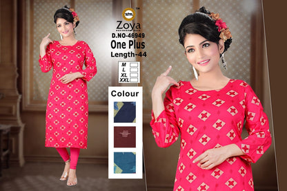 New One Plus Zoya Rayon Straight Cut Kurtis Supplier India