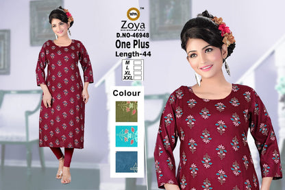 New One Plus Zoya Rayon Straight Cut Kurtis Supplier India