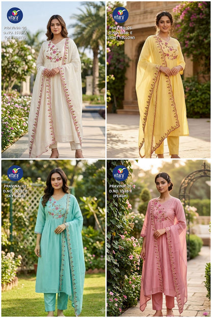 New Pravina Vitara Mul Chanderi Readymade Anarkali Suits Supplier Gujarat
