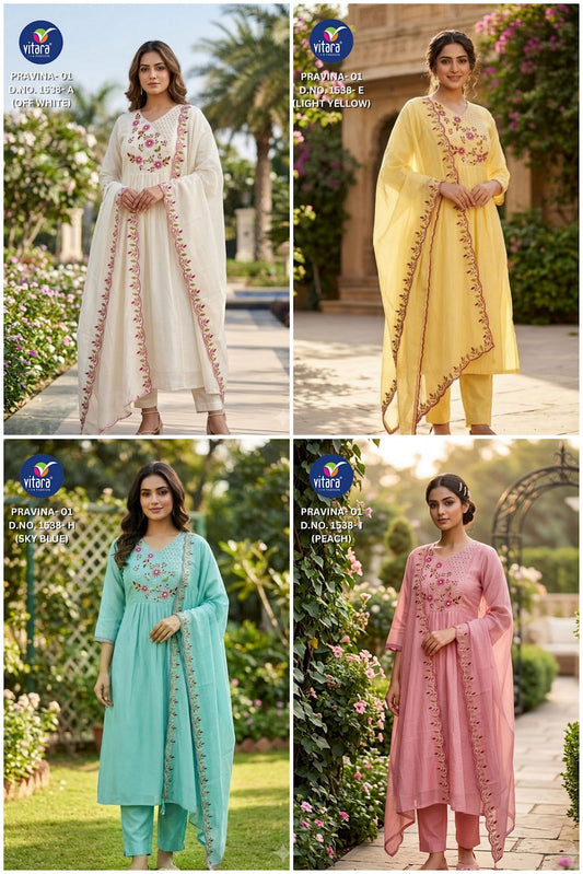 New Pravina Vitara Mul Chanderi Readymade Anarkali Suits Supplier Gujarat
