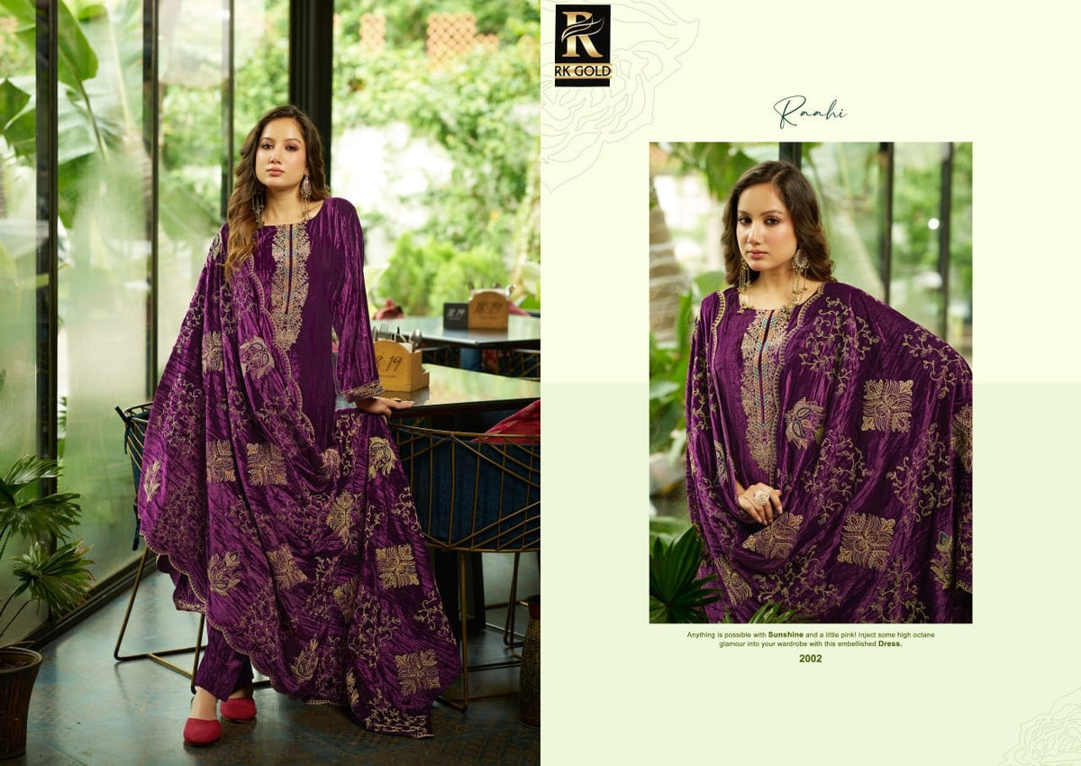 New Raahi Rk Gold Crush Velvet Suits Manufacturer Gujarat