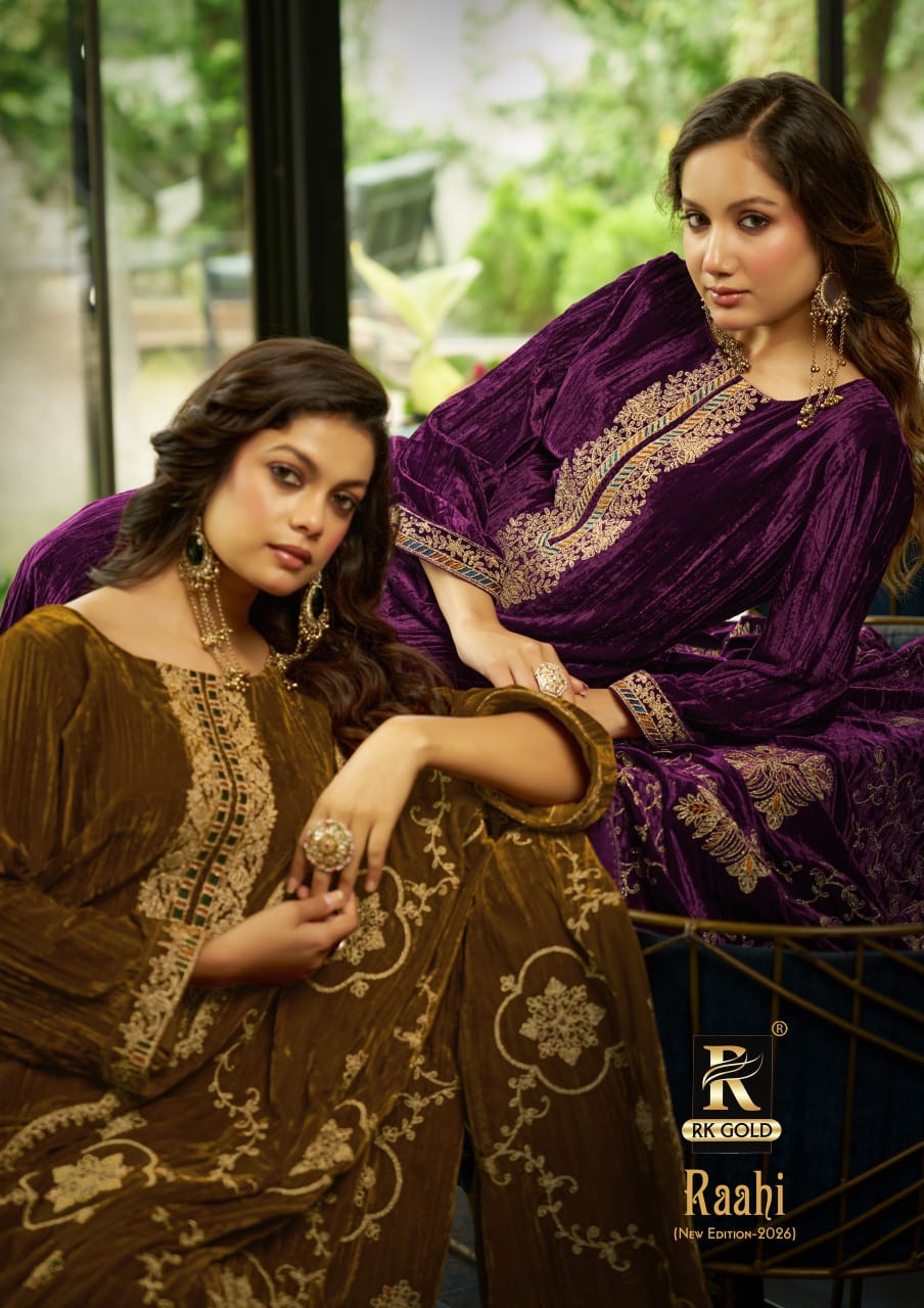 New Raahi Rk Gold Crush Velvet Suits Manufacturer Gujarat