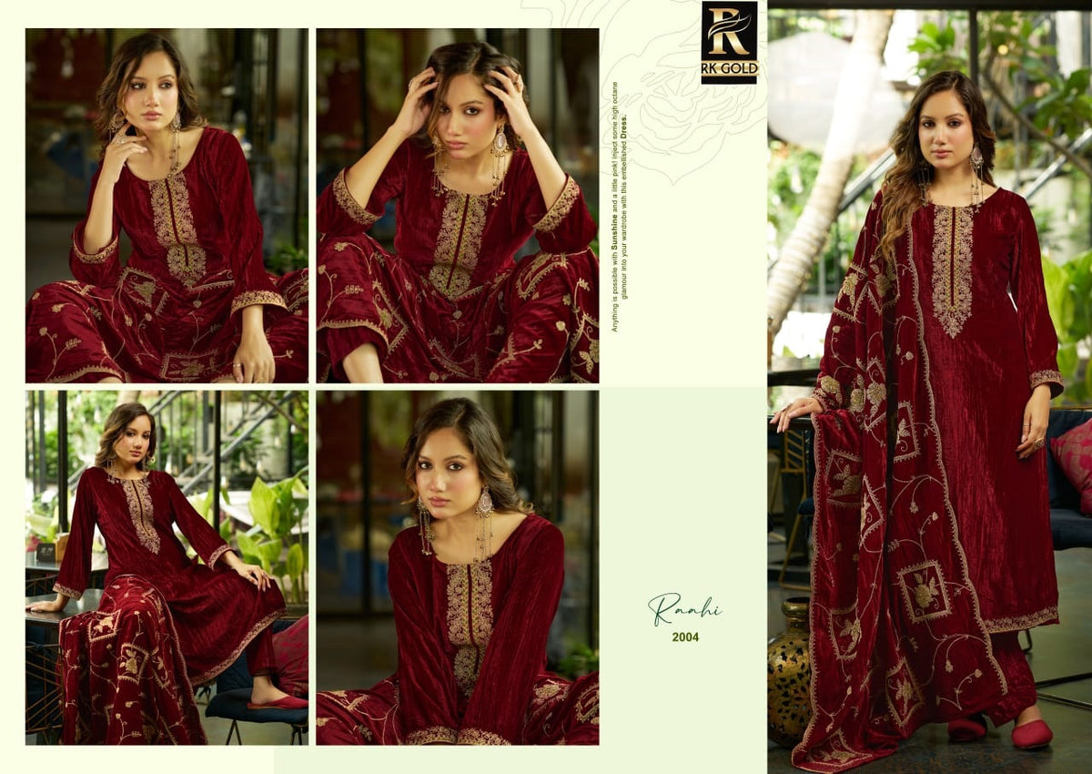 New Raahi Rk Gold Crush Velvet Suits Manufacturer Gujarat