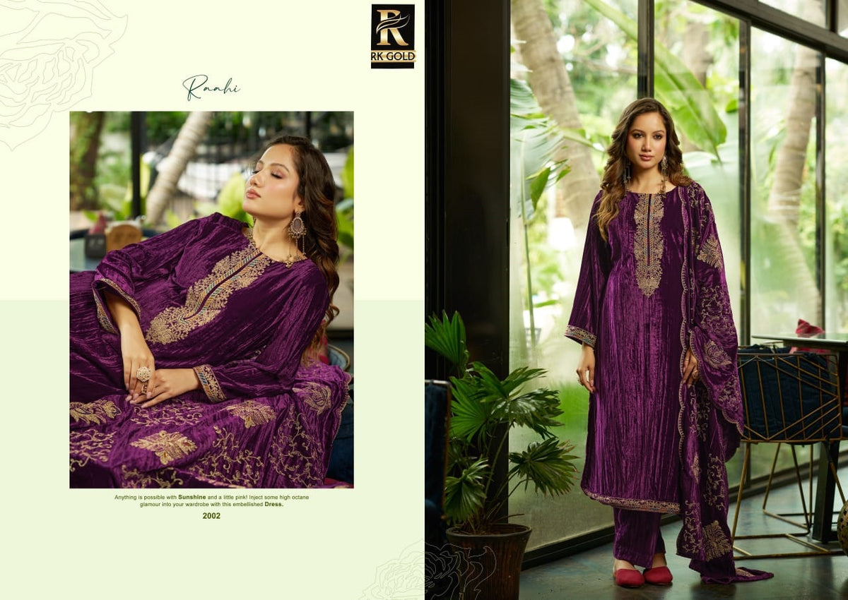 New Raahi Rk Gold Crush Velvet Suits Manufacturer Gujarat